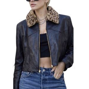 Tannery West Black Leather Cropped Flight Jacket with Leopard Collar L
